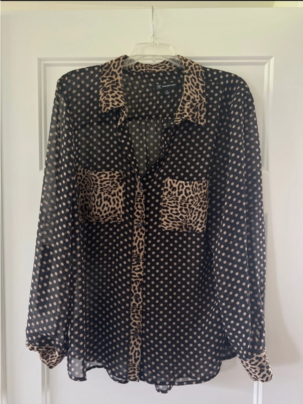 INC International Concepts Black Polka Dot Blouse with Leopard Trim